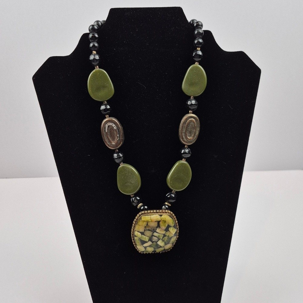 Artisan Statement Necklace Green Black Beaded 20" Hook Closure Boho Chic Style